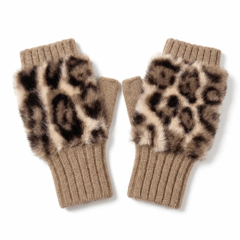 Women's Leopard Fingerless Gloves – Soft Plush Knit Half-Finger Fingerless Knit Gloves PLUSH Khaki