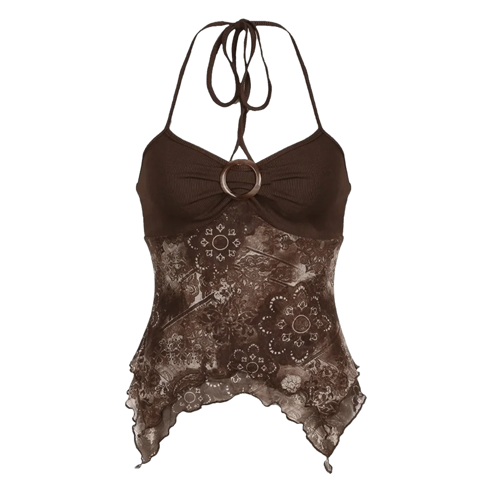 Women's Mesh Halter Crop Top – Slim Fit Lace Patchwork Camisole Halter Crop Top PLUSH Brown XS