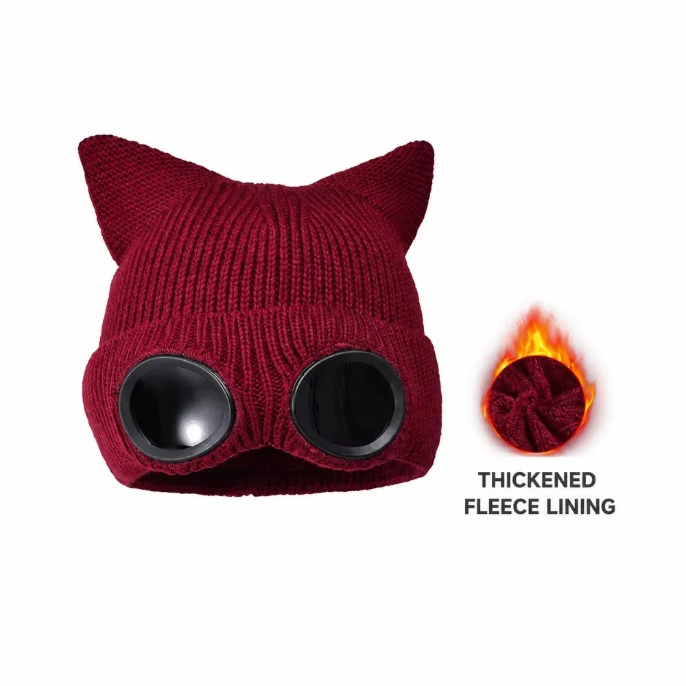 Women's Windproof Knit Ski Mask Hat with Removable Glasses Knit Ski Mask Hat PLUSH Dark Red