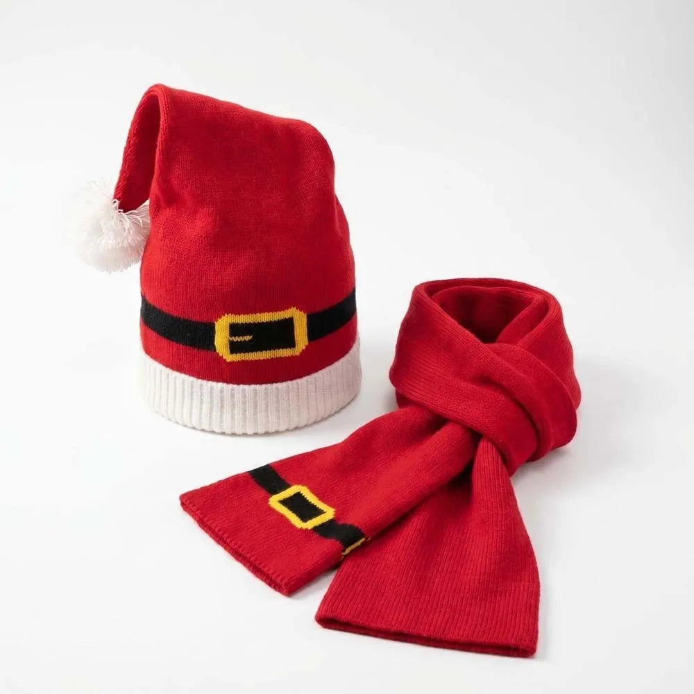 Knitted Christmas Hat & Scarf Set – Striped Snowflake Pom Holiday Knit Set PLUSH