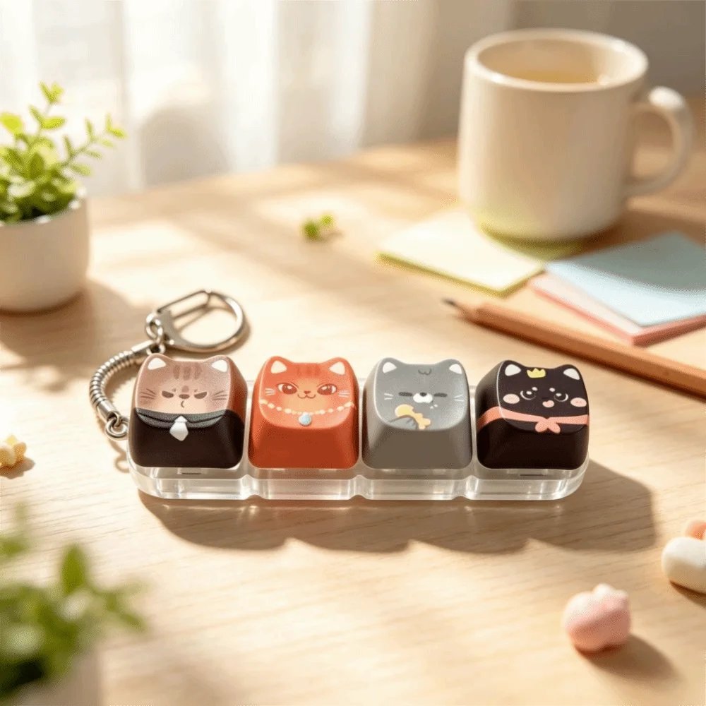 Kawaii Cat Fidget Clicker Keychain – 4-Key Keycap Design Fidget Keychain PLUSH