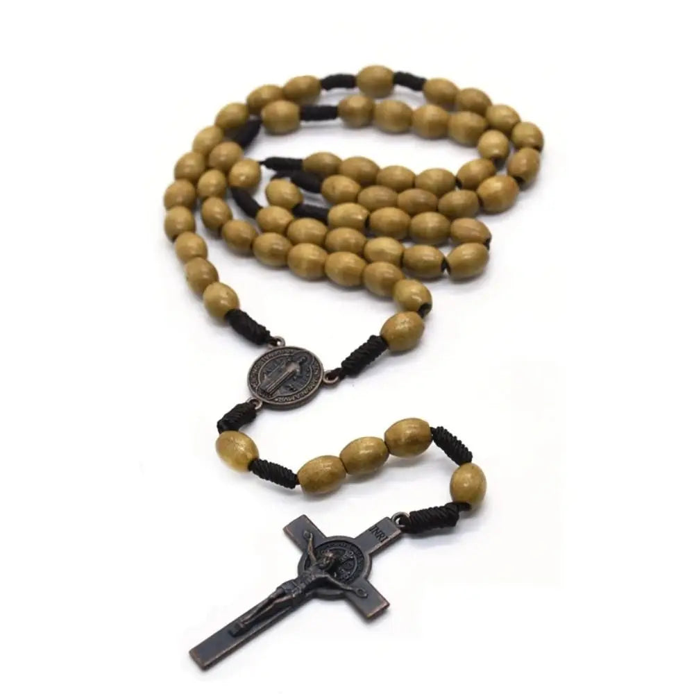 Handmade Catholic Rosary Necklace – Wood Beads & Crucifix Religious Rosary Necklace PLUSH