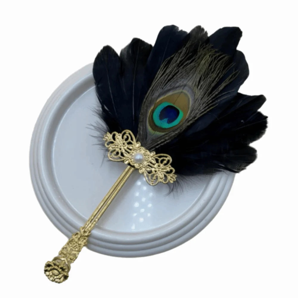Peacock Feather Hand Fan – Vintage Dance & Photo Prop Decorative Hand Fan PLUSH Black