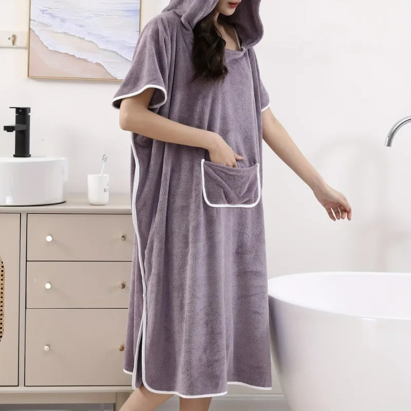 Women's Hooded Coral Fleece Bathrobe – Soft Absorbent Spa Robe Hooded Bathrobe PLUSH