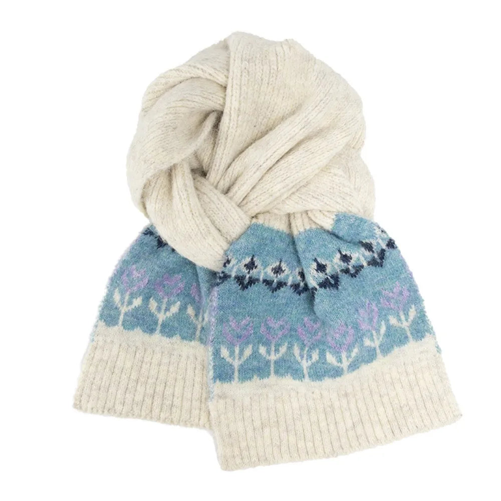 Women's Fair Isle Jacquard Knitted Scarf – Floral Winter Shawl Knitted Winter Scarf PLUSH Beige