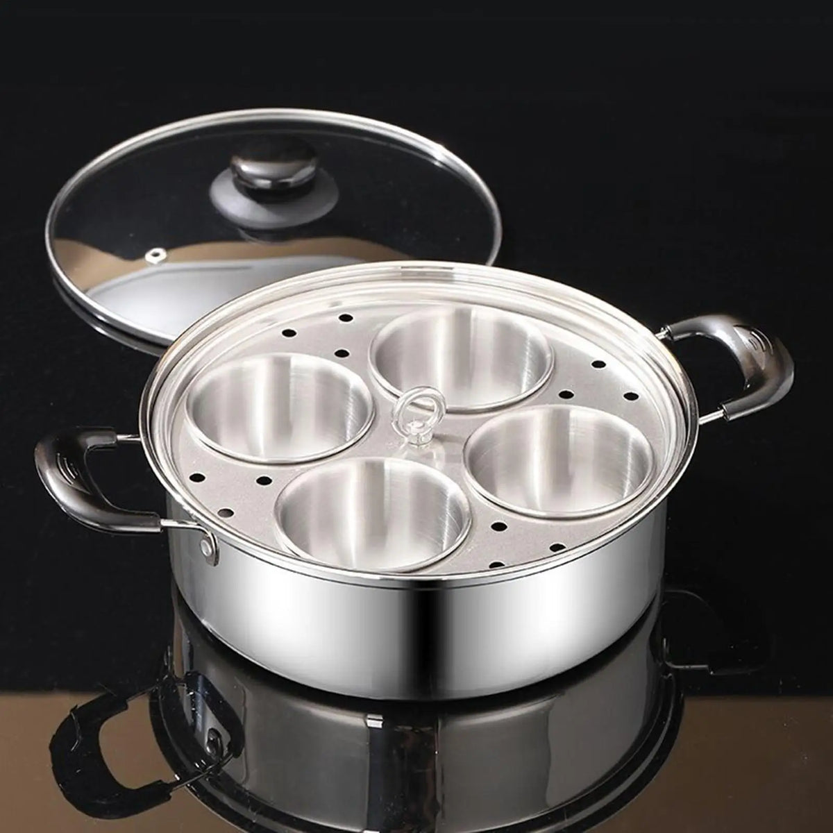 Stainless Steel Egg Poacher Steamer 4-Cup Cooker Pot – Red Egg Poacher Steamer PLUSH