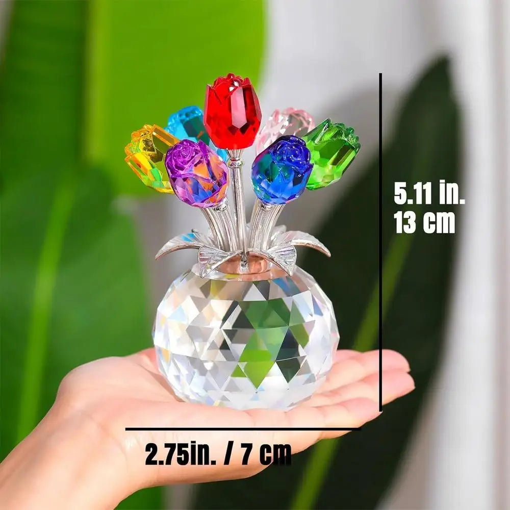 Crystal Rose Bouquet Figurine | Colorful Eternal Rose Decor Crystal Rose Figurine PLUSH Colorful