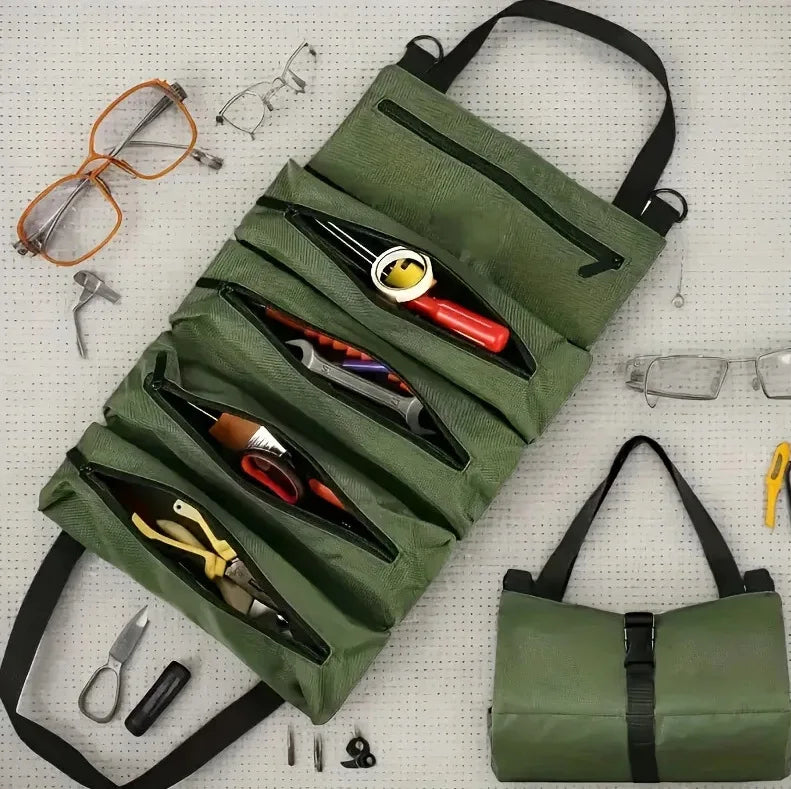 Canvas Tool Roll Up Bag – 5 Zipper Pockets Hanging Organizer Tool Roll Organizer PLUSH