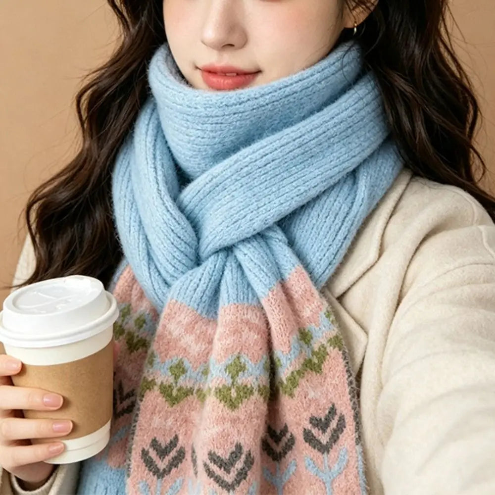 Women's Fair Isle Jacquard Knitted Scarf – Floral Winter Shawl Knitted Winter Scarf PLUSH