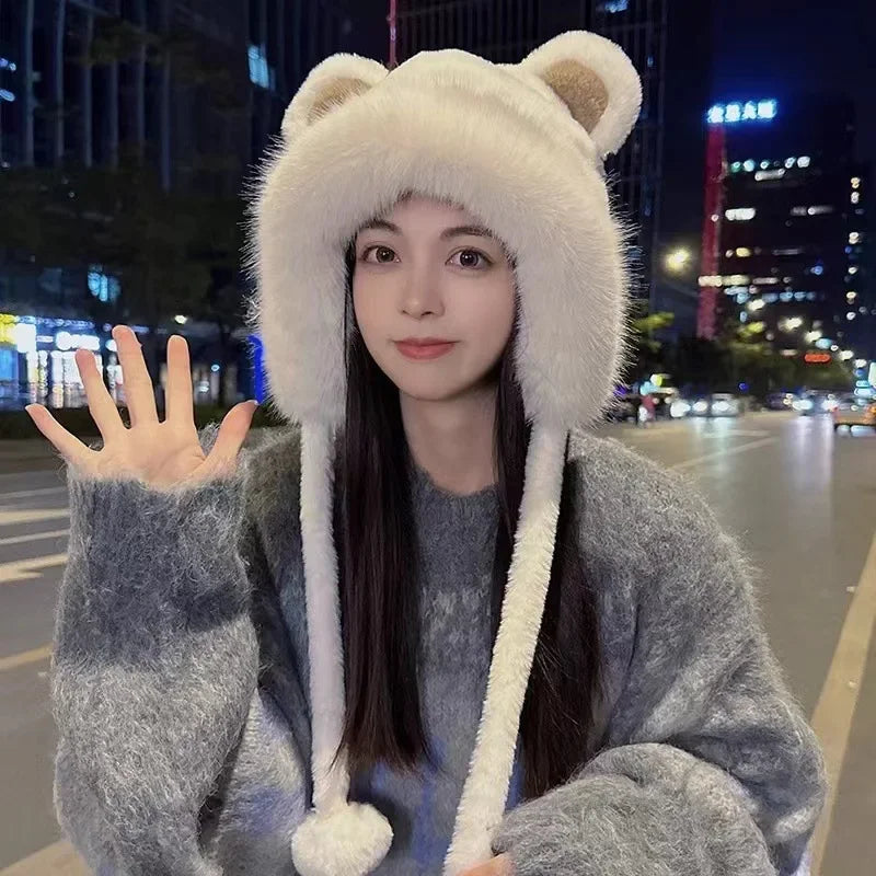 Bear Plush Knit Hat & Scarf Set – Windproof Winter Ear Cover Knit Hat Scarf Set PLUSH