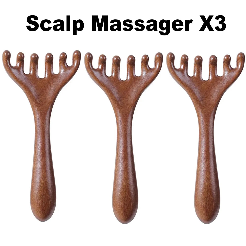 Natural Sandalwood Scalp Massager & Gua Sha Comb | Hair Care Scalp Massage Comb PLUSH 3PCS