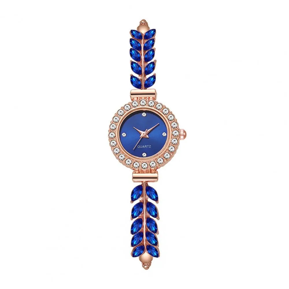 Women's Slim Rhinestone Leaf Quartz Watch – Adjustable Strap Women's Quartz Watch PLUSH Blue