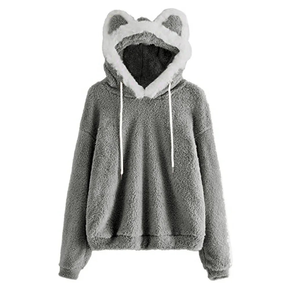 Women's Cat Bear Ear Plush Fleece Hoodie – Fuzzy Pullover Fleece Hoodie PLUSH