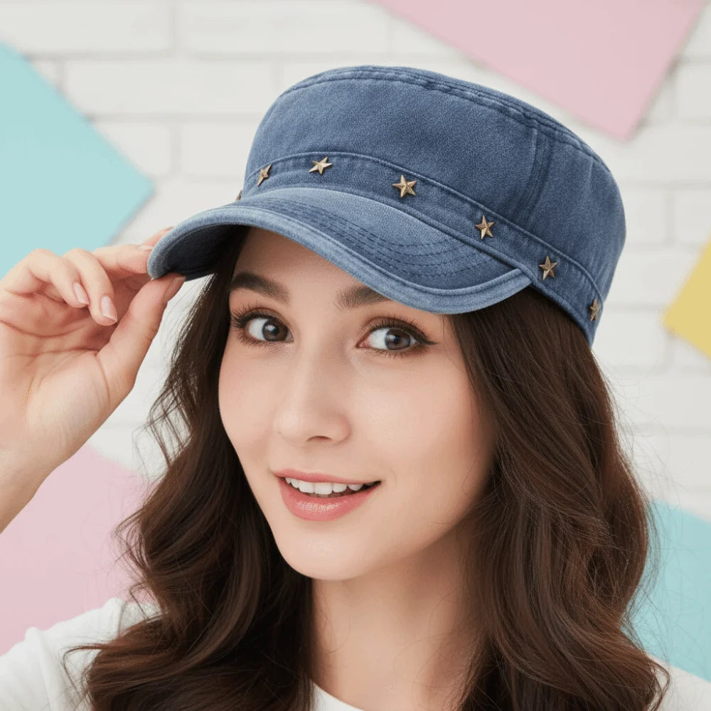 Washed Denim Flat Top Duckbill Cap – Retro Metal Rivet Hat Flat Top Cap PLUSH