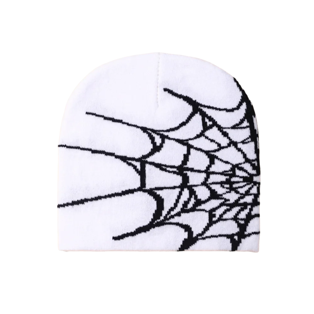 Y2K Spider Web Knit Beanie Hat – Cuffed Stretch, Multi Colors Knit Beanie Hat PLUSH White