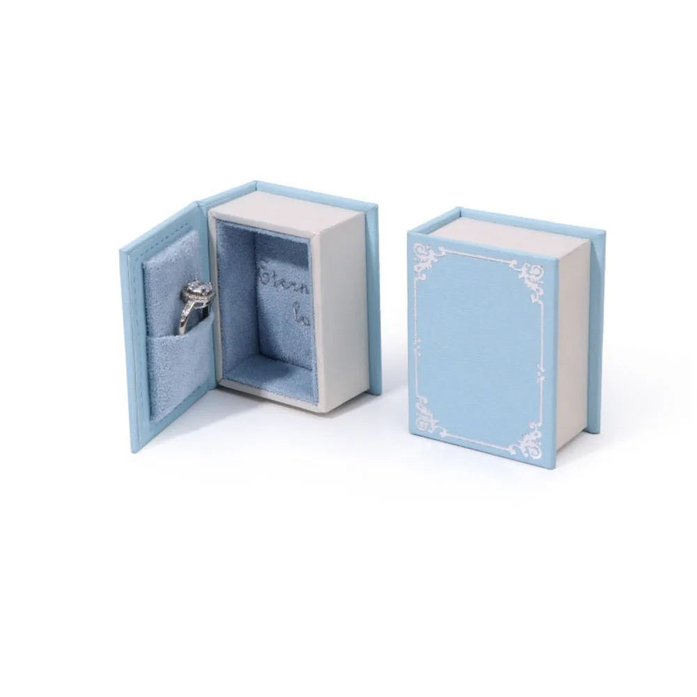 Book Shape Flip Lid Ring Box – Jewelry & Earring Display Case Jewelry Display Box PLUSH Blue-Silver