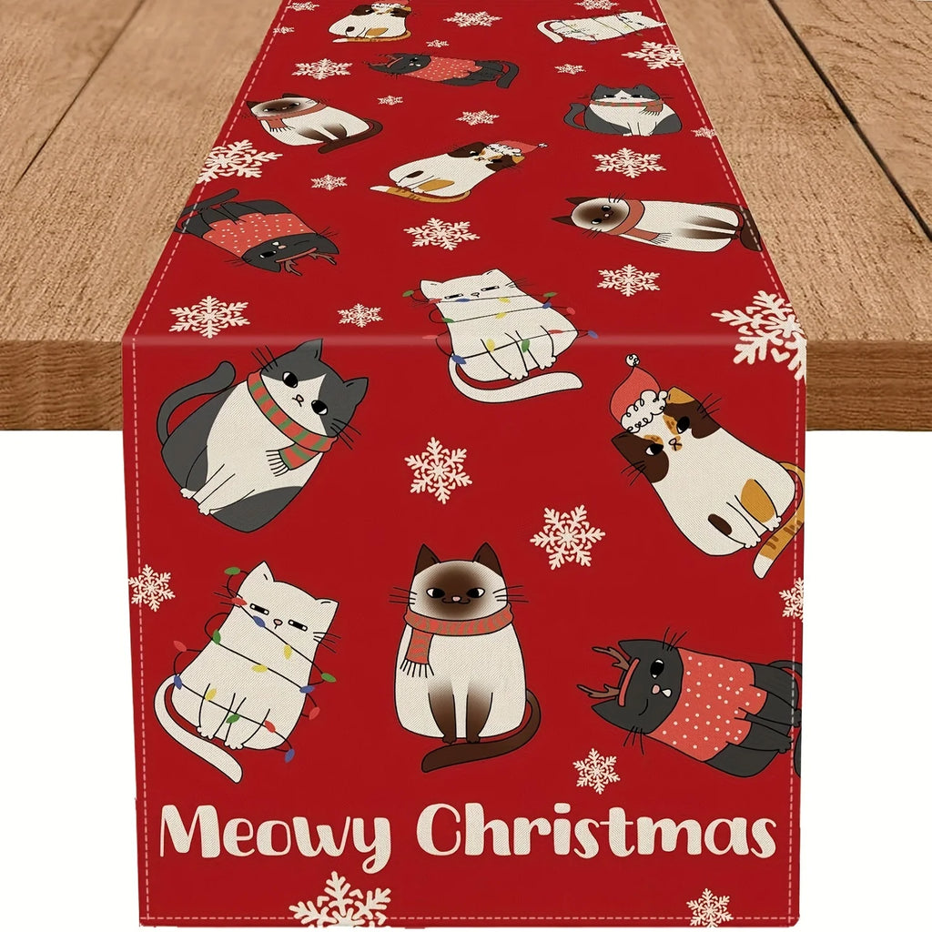 Meowy Christmas Cat Table Runner – Holiday Festive Décor Holiday Table Runner PLUSH A 33X90Cm