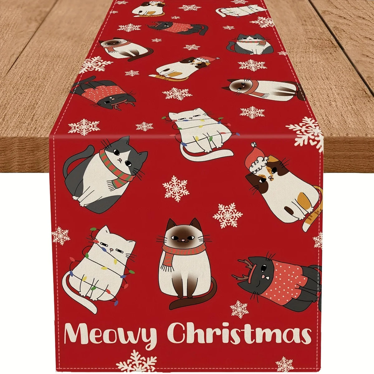 Meowy Christmas Cat Table Runner – Holiday Festive Décor Holiday Table Runner PLUSH A 33X90Cm