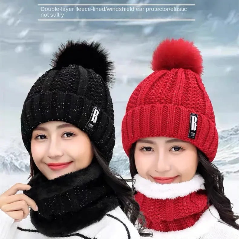 Women's Winter Knit Hat & Scarf Set – Padded Ear Protection Winter Hat Scarf Set PLUSH