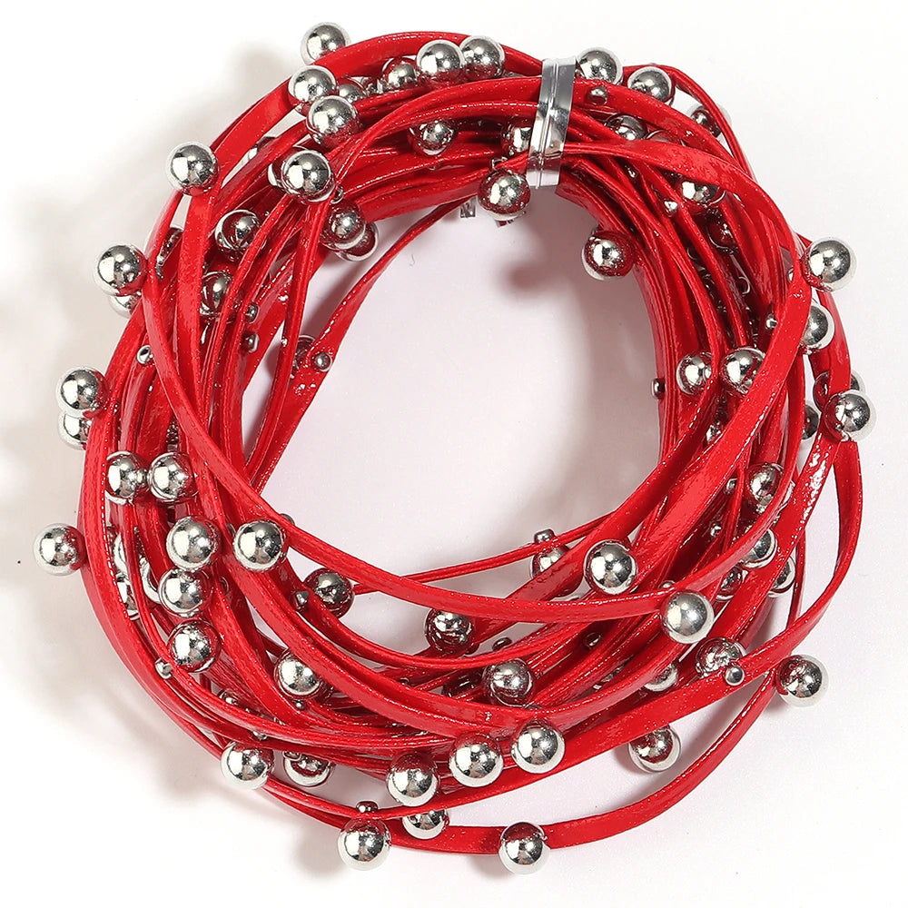 5 Yards Studded PU Leather Cord with Metal Ball Beads – DIY Leather Jewelry Cord PLUSH red