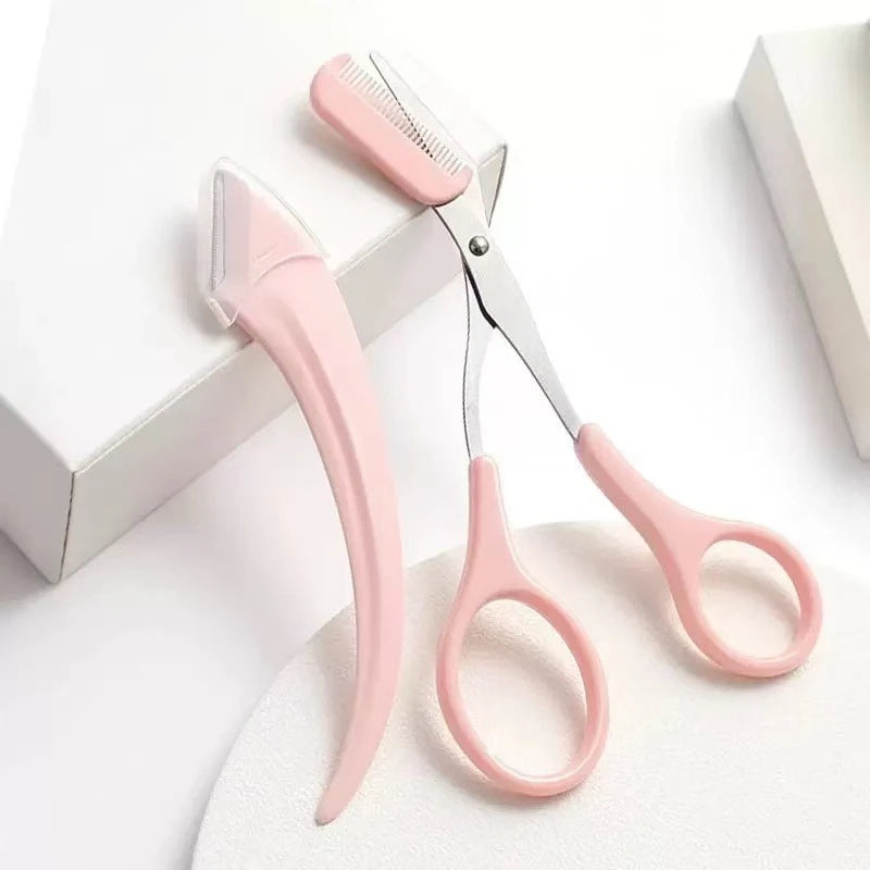 2pcs Stainless Steel Eyebrow Scissors with Built-In Comb Eyebrow Grooming Scissors PLUSH Pink 2 Pcs Set