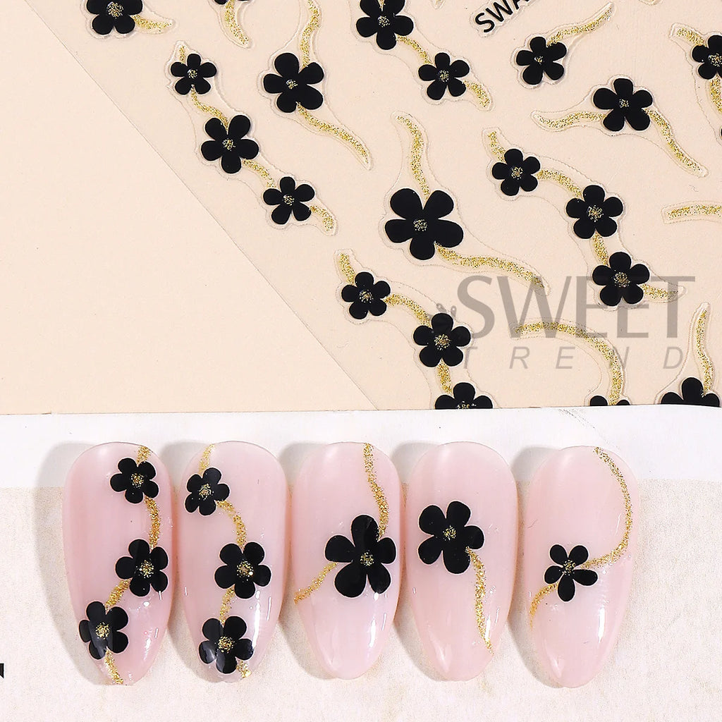 3D Floral Nail Glitter Stickers – Black White Gold Silver Decals Nail Art Stickers PLUSH