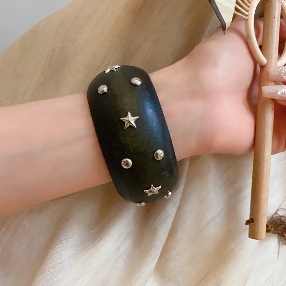Chinese Style Wooden Bangle – Punk Y2K Wide Rivet Bracelet Wooden Bangle Bracelet PLUSH
