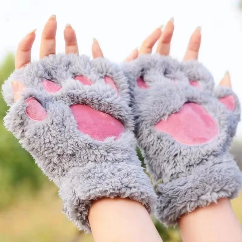 Fluffy Cat Paw Fingerless Gloves – Plush Animal Mittens Fingerless Plush Gloves PLUSH