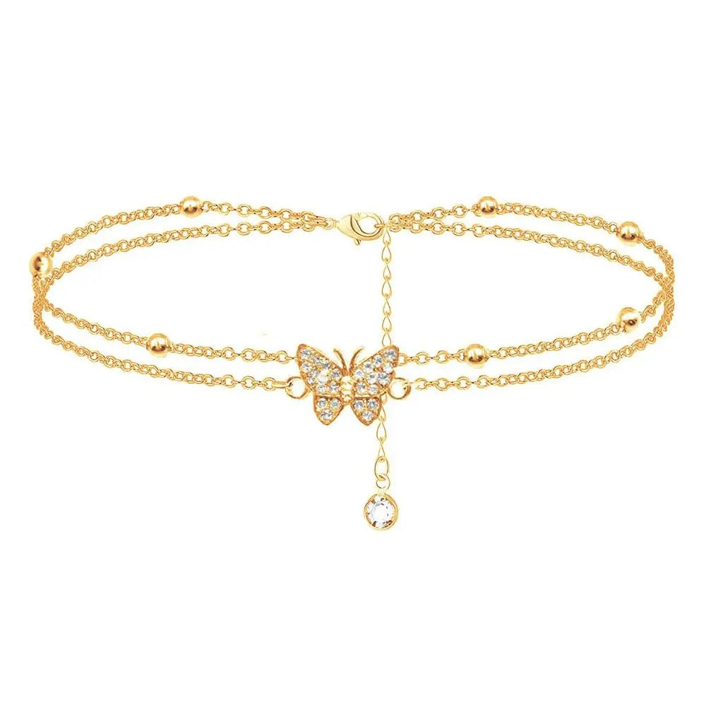 Vintage Heart Butterfly Layered Anklet – Adjustable Silver Bracelet Ankle Bracelet PLUSH gold-b