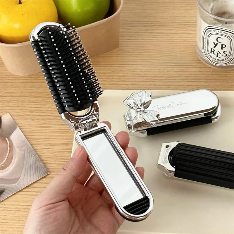 Bow Mini Folding Hair Brush with Mirror – Portable Travel Comb Folding Hair Brush PLUSH