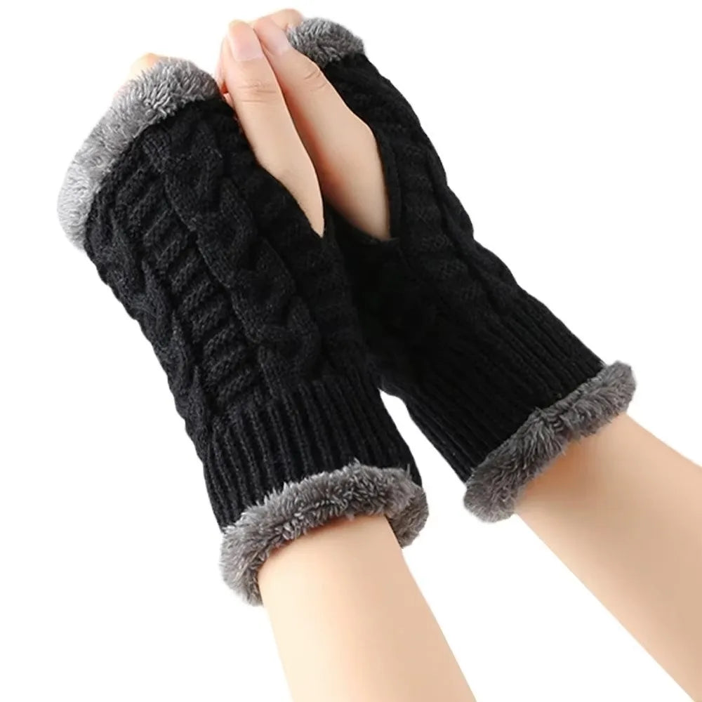 Vintage Knit Fingerless Gloves Faux Fur – Women's Winter Gloves Fingerless Knit Gloves PLUSH Black