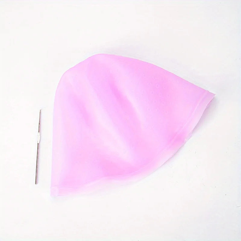 Silicone Hair Highlight Cap with Hook Needle – Frosting Hair Coloring Cap PLUSH Pink