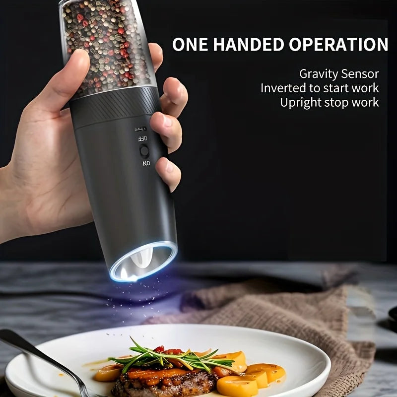 2-Pack Electric Salt & Pepper Grinder Set | USB, LED, Gravity Electric Spice Grinder PLUSH