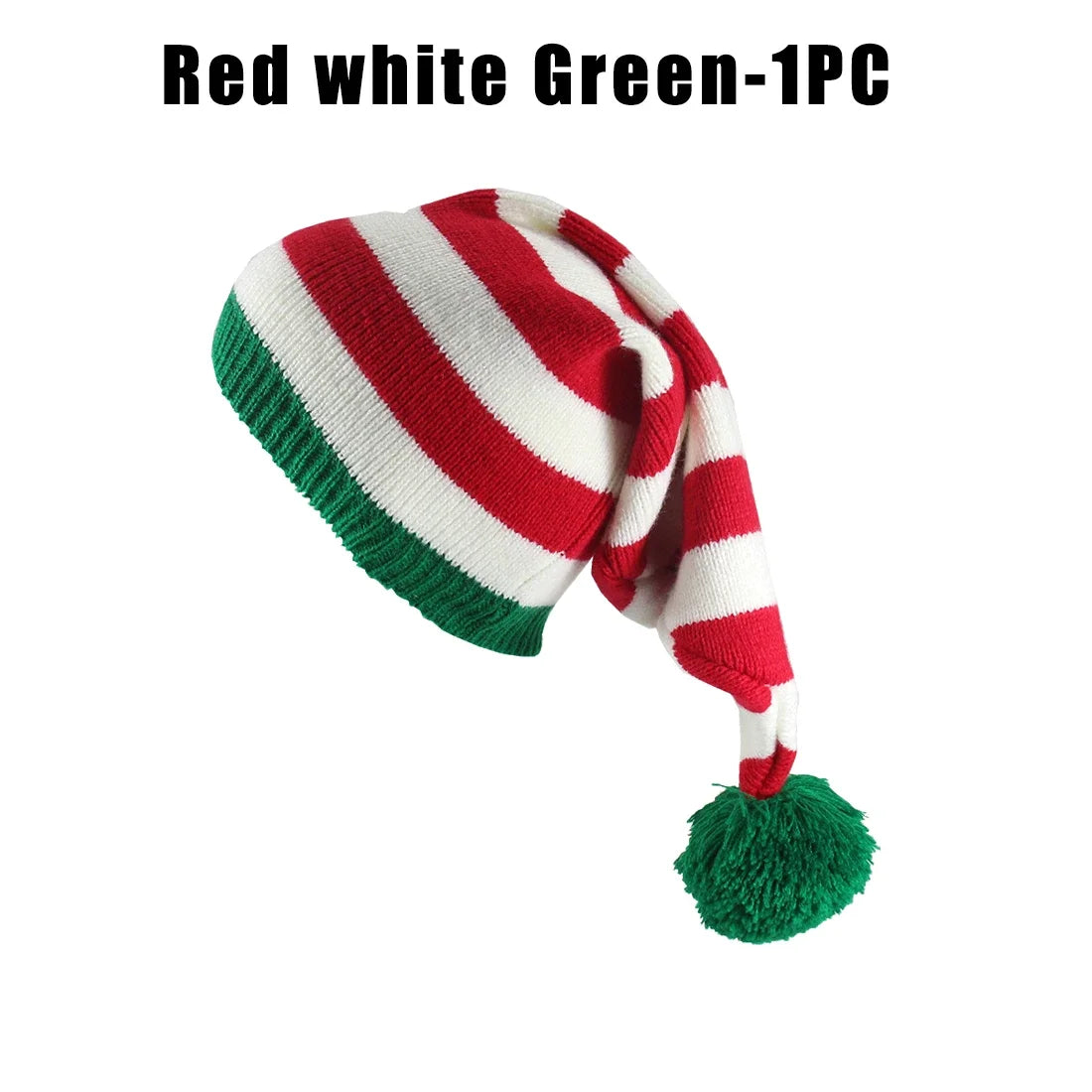 Winter Long Tail Elf Hat Christmas Knit Pom Pom Santa Hat Christmas Elf Hat PLUSH as show Red white Green 1PC