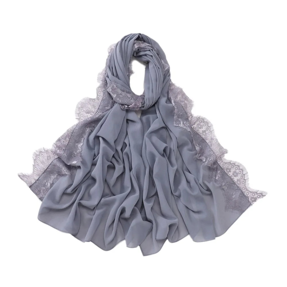 Women's Chiffon Hijab Scarf – Soft Lace Trim Long Shawl Wrap Hijab Head Scarf PLUSH Grey