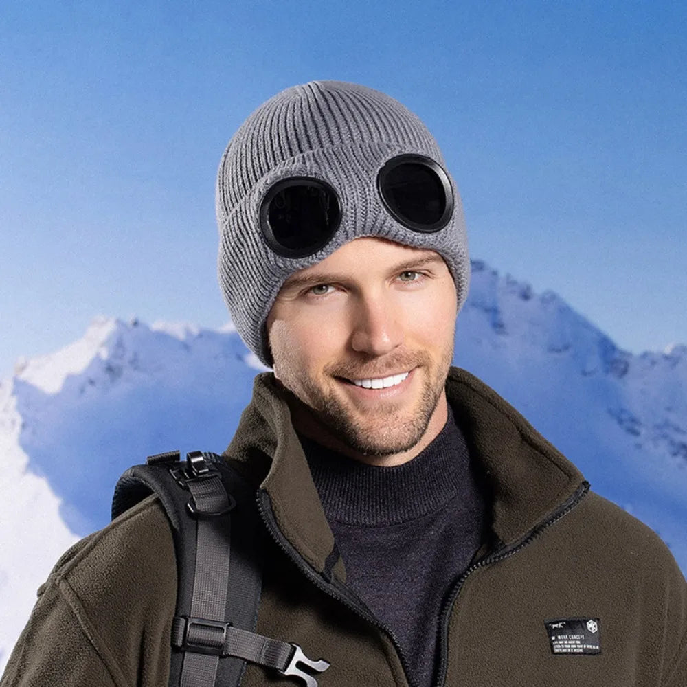 Windproof Knitted Ski Mask Hat with Removable Glasses Ski Mask Hat PLUSH Grey