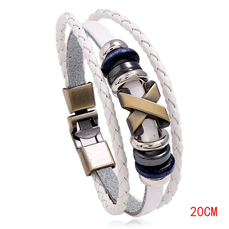 Men's Vintage X Stud Leather Bracelet – Black Brown White Leather Bracelet PLUSH White 20CM