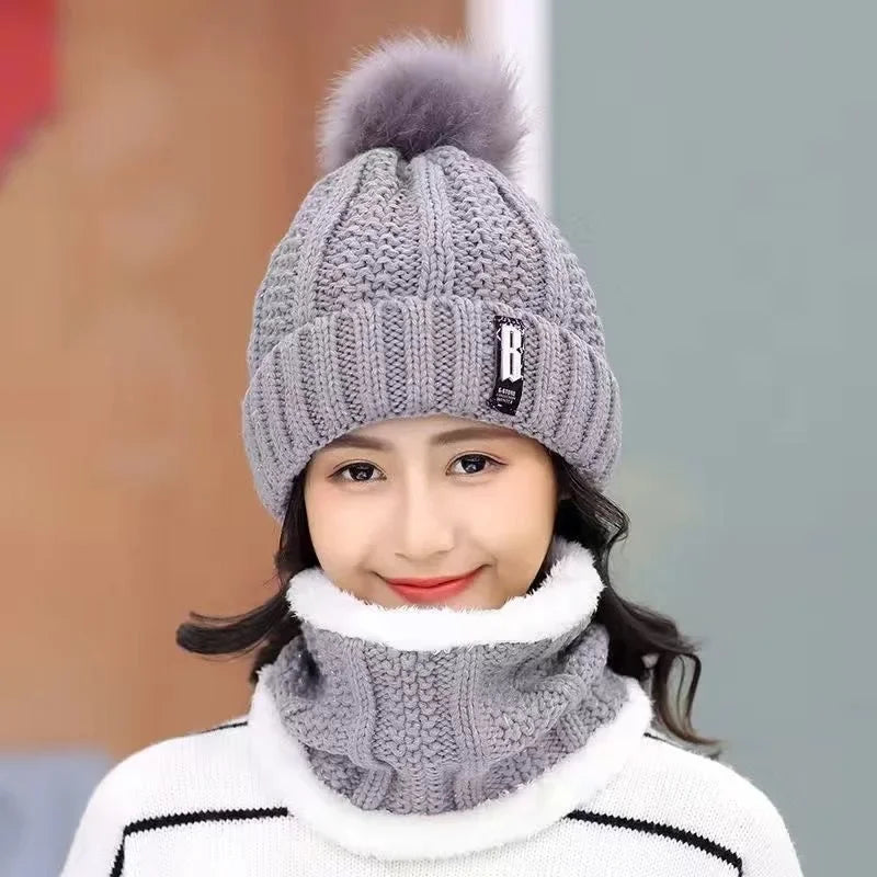 Women's Winter Knit Hat & Scarf Set – Padded Ear Protection Winter Hat Scarf Set PLUSH Grey 5PCS