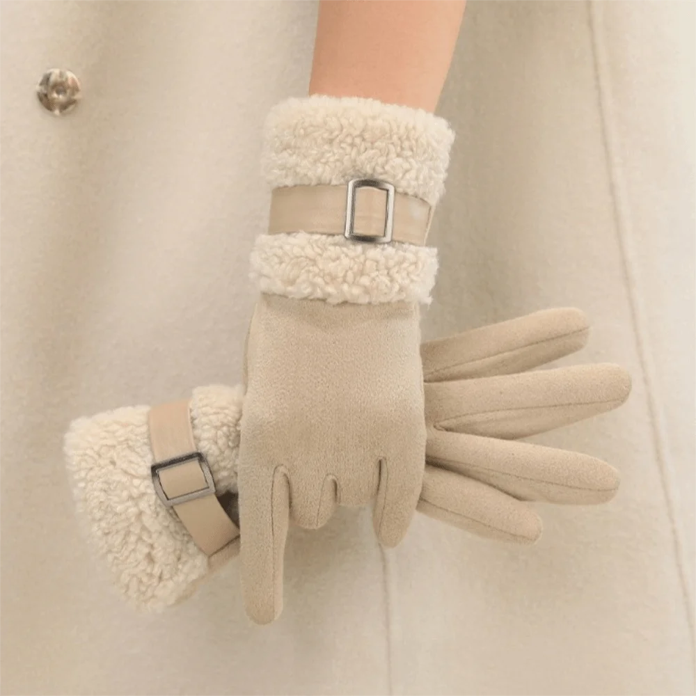 Women's Fleece-Lined Suede Winter Gloves – Windproof Full Finger Winter Gloves PLUSH Khaki