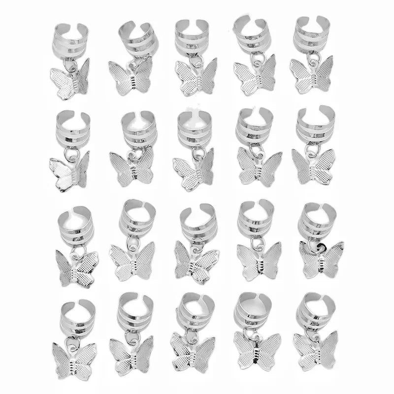 Butterfly Dreadlock Beads – Sparkly Bohemian Braiding Hair Rings Hair Braid Beads PLUSH Silver 20pcs set