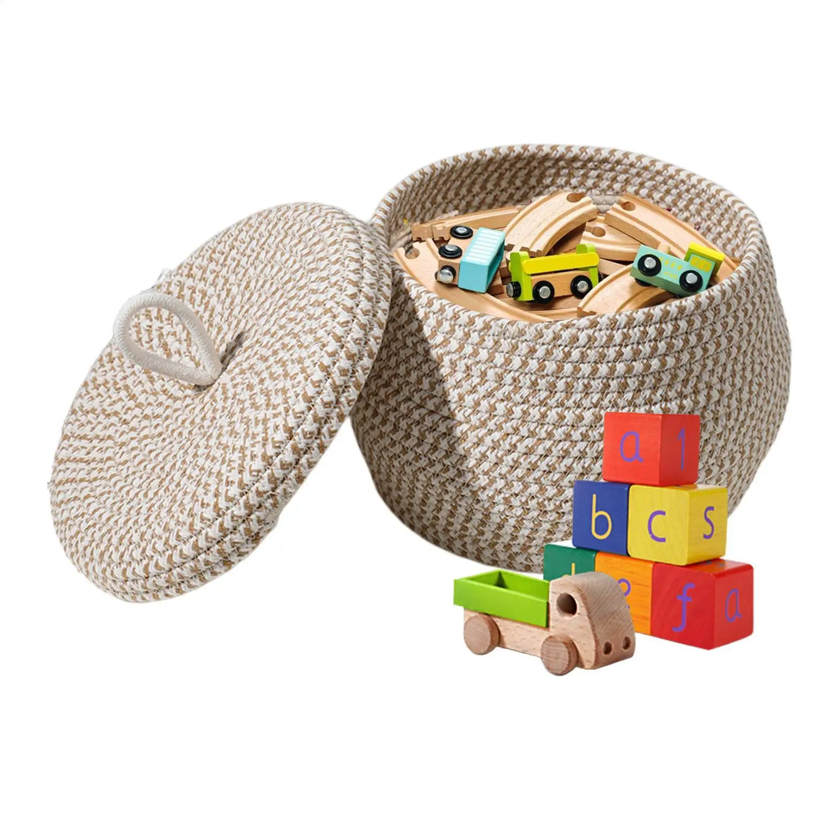 Cotton Rope Storage Basket with Lid – White Woven Organizer Woven Storage Basket PLUSH