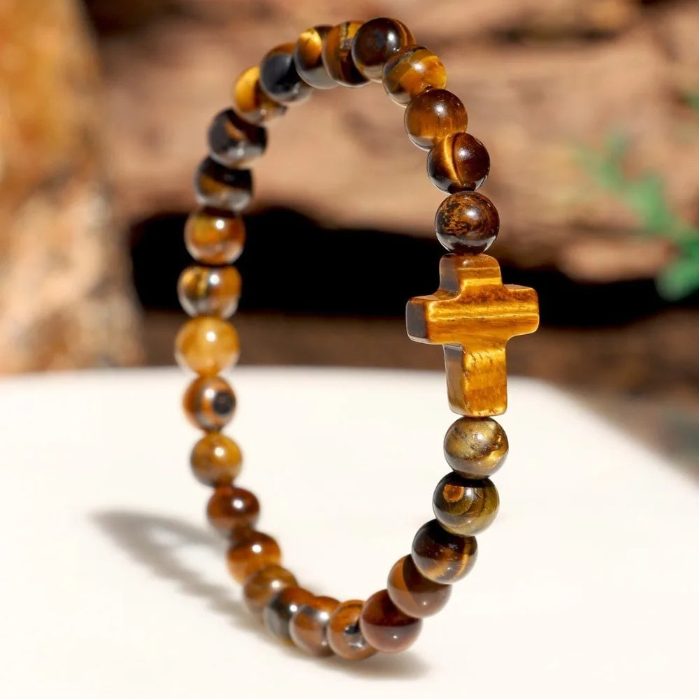 Vintage Tiger's Eye Cross Bracelet – Unisex Spiritual Jewelry Beaded Charm Bracelet PLUSH Bracelet