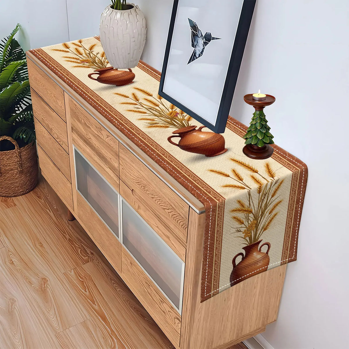 Vintage Wheat & Ceramic Pots Table Runner | Autumn Home Décor Table Runner PLUSH