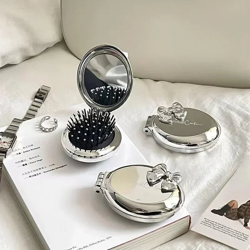Silver Folding Pocket Comb with Mirror – Scalp Massage Tool Folding Pocket Comb PLUSH sliver bow