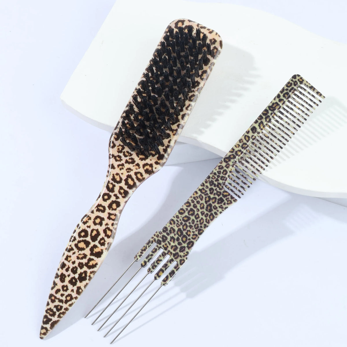 Leopard Print Rat Tail Styling Combs – 2pcs Sectioning Set Hair Styling Comb PLUSH Yellow leopard