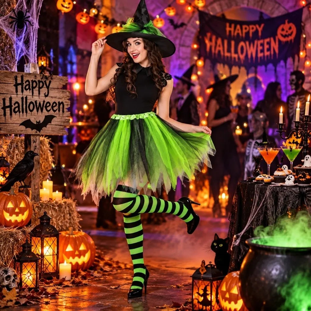 Halloween Witch Costume Set – Tutu Skirt, Hat & Striped Socks Halloween Costume Set PLUSH
