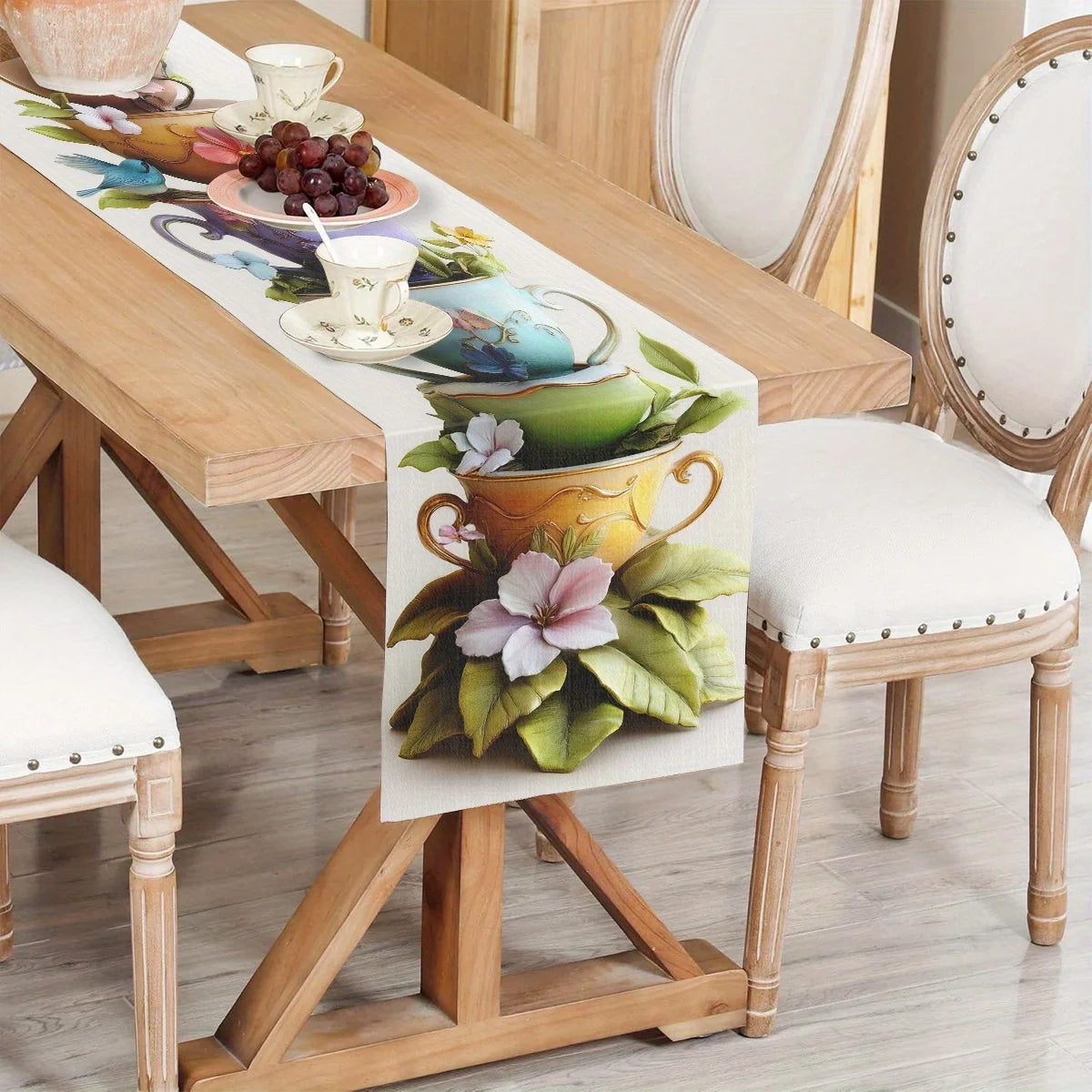 Teacup & Bird Table Runner – Decorative Home Fabric Décor Decorative Table Runner PLUSH