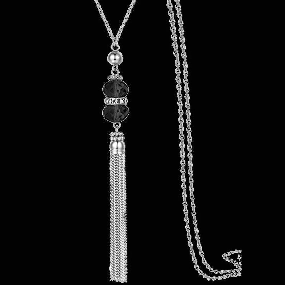 Silver-Tone Long Pendant Sweater Chain Necklace for Women Pendant Necklace PLUSH black