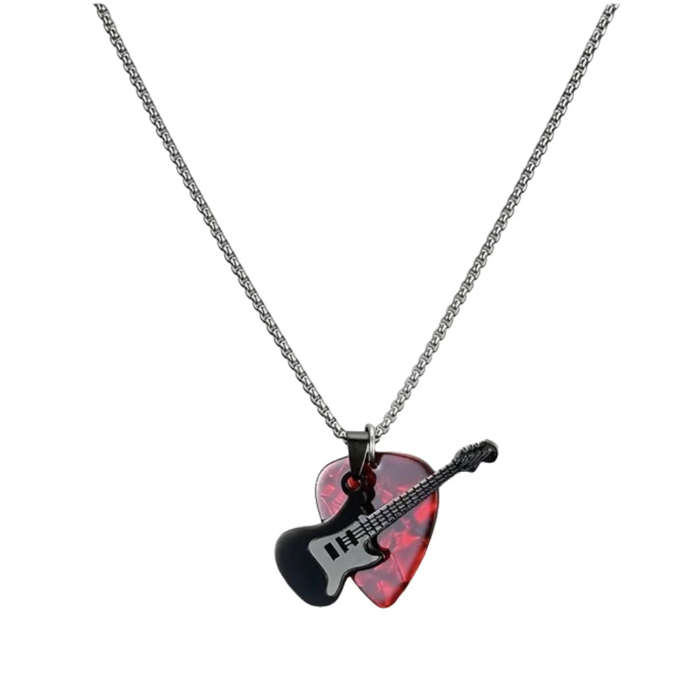 Hip-Hop Guitar Pick Pendant Necklace | Punk Titanium Steel Pendant Chain Necklace PLUSH Red