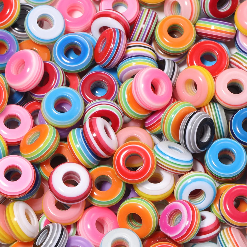 50pcs Rainbow Stripe Resin Flat Big Hole Spacer Beads – DIY Resin Spacer Beads PLUSH